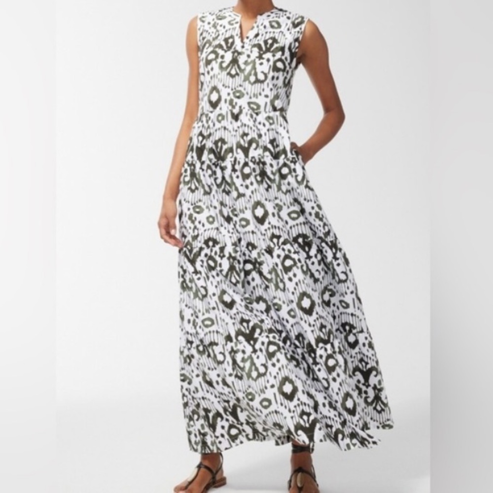 Chico's Ikat Tiered Maxi Dress Size 2 100% Cotton Green White Printed Sleeveless